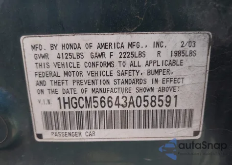 2003 Honda Accord 2.4 Ex z USA, uszkodzony, nr VIN 1HGCM56643A058591